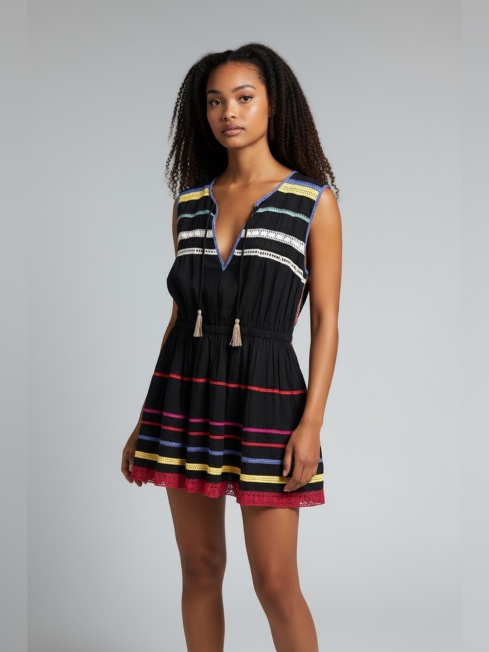 Carolina K- Black Sleeveless V-Neck Mini Dress with Multicolor Stripes